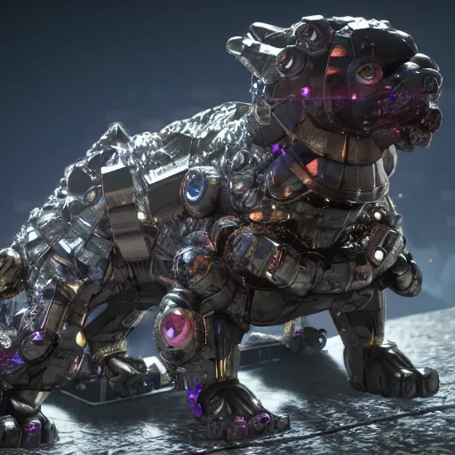 Image similar to hybrid of a cyborg dog and a diamond crystal golem kaiju, ultra detailed, 8 k, rule of thirds, professional lighting, unreal engine.