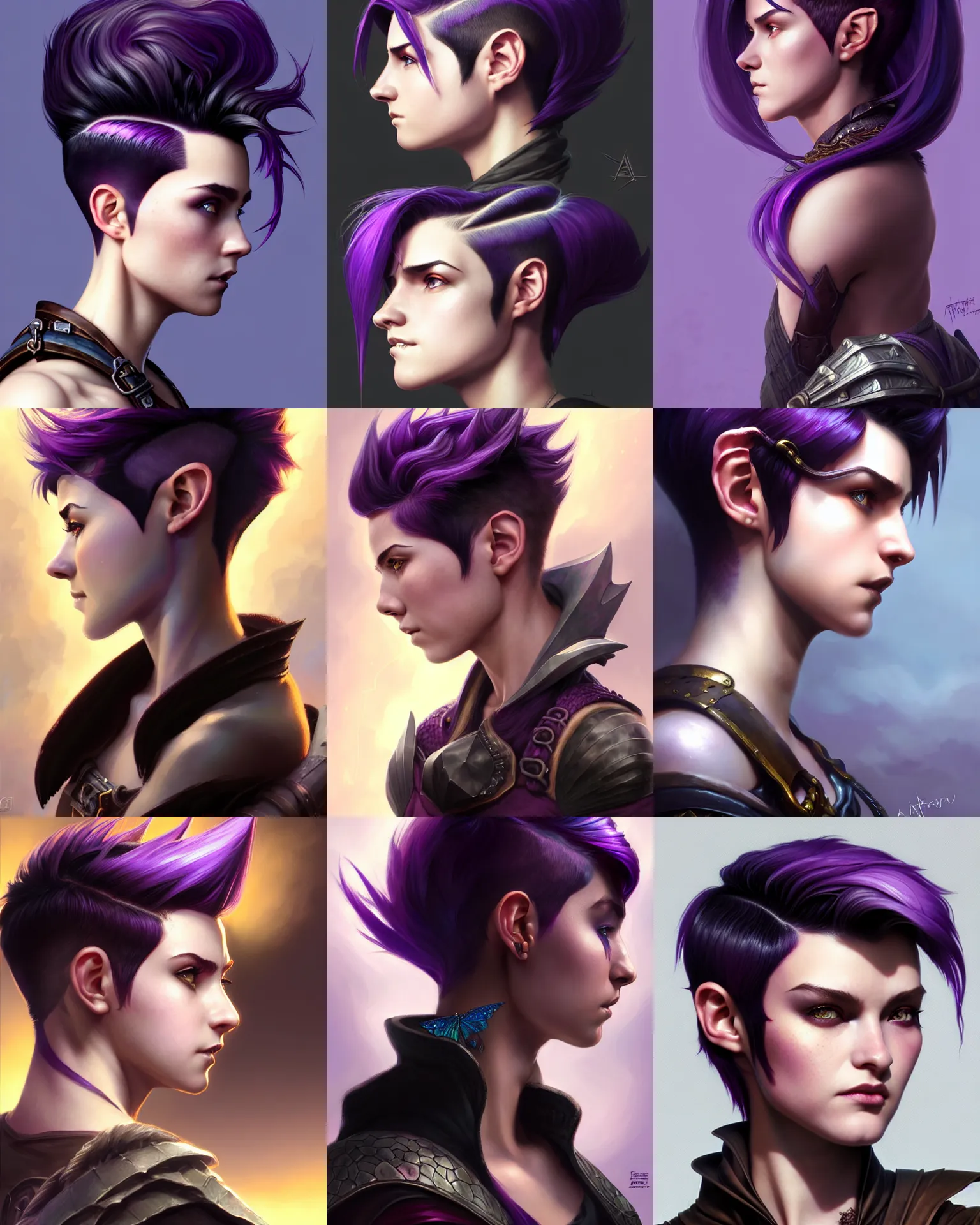 Prompt: Side-Portrait of rugged young adult female adventurer, Dungeons And Dragons Fantasy Magical, pixie undercut hairstyle, black to dark purple fade hairstyle, dragon scales in hair, cinematic rim light, highly detailed, digital painting, artstation, concept art, sharp focus, illustration, art by artgerm and greg rutkowski and alphonse mucha