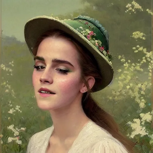 Prompt: closed eyes thick paint brush strokes full body fashion model smiling emma watson by Jeremy Lipking by Hasui Kawase by Richard Schmid (((smokey eyes makeup eye shadow fantasy, glow, shimmer as victorian woman in a long white frilly lace dress and a large white hat having tea in a sunroom filled with flowers, roses and lush fern flowers ,intricate, night, highly detailed, dramatic lighting))) , high quality