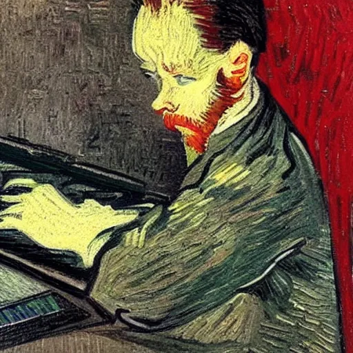 Image similar to a boy desperately typing on a laptop keyboard, frustrated, visibly angry, in the style of Van Gogh