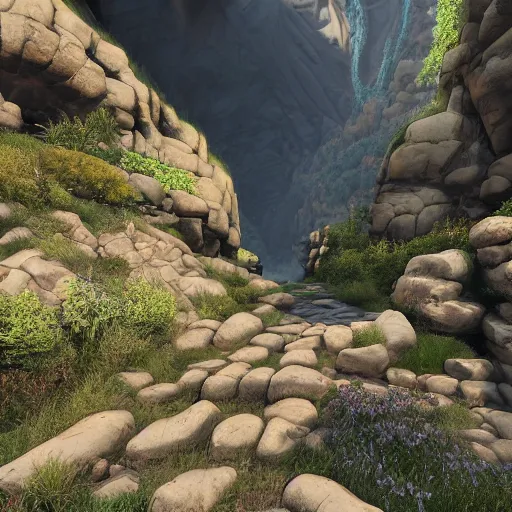 Image similar to pathway canyon in between mountains, unreal engine, high detail, realism, award winning, mist, detailed lighting