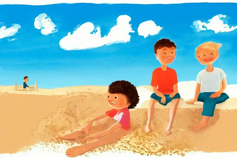 Image similar to Two happy children sitting on the beach making sandcastles, blue sky, HD, outlines, illustration by Benji Davies
