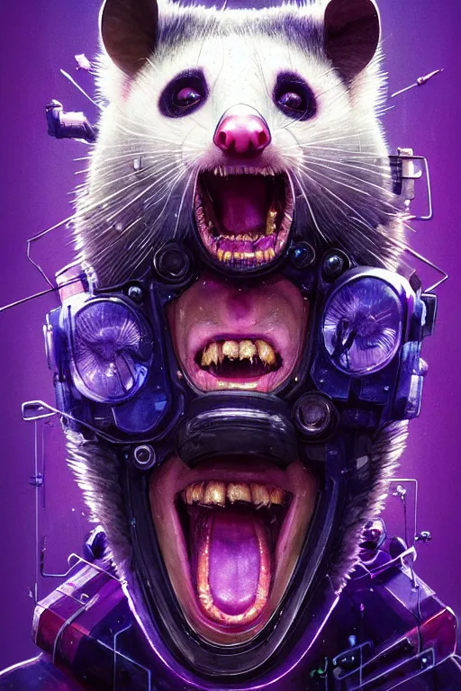 Image similar to a beautiful portrait of a cute cyberpunk opossum screaming by sandra chevrier and greg rutkowski and wlop, purple blue color scheme, high key lighting, volumetric light, digital art, highly detailed, fine detail, intricate, ornate, complex, octane render, unreal engine, photorealistic