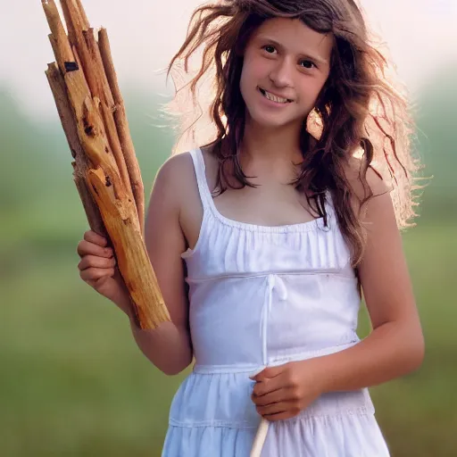 Image similar to a middle-school girl with unkempt wavy short brown hair wearing a white dress and holding a bundle of firewood, high resolution film still, 8k, HDR color