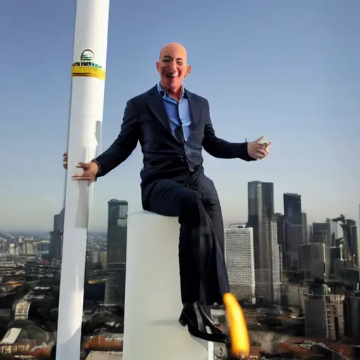 Prompt: jeff bezos cackling on top of a pillar of money