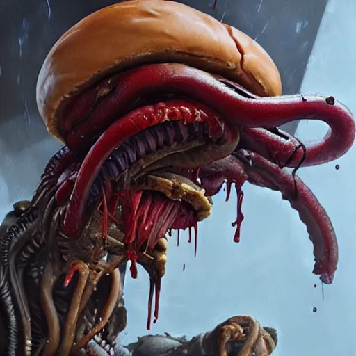 Image similar to hyper realistic hamburger as a xenomorph, painted by greg rutkowski