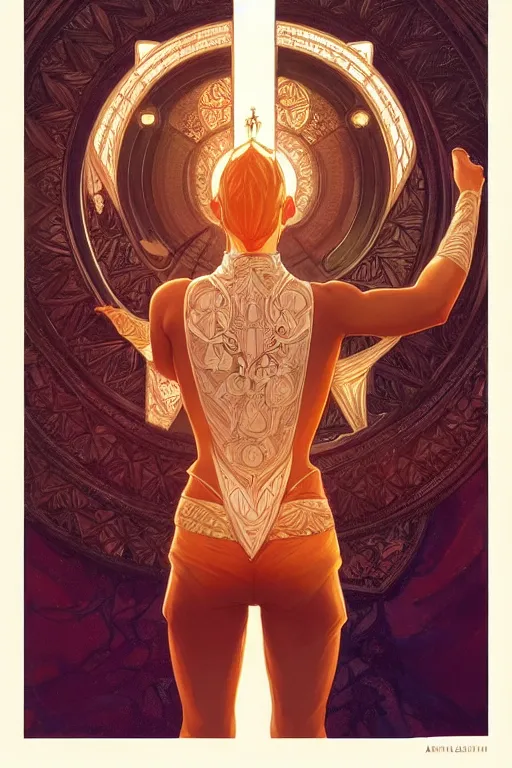 Image similar to symmetry!! intense fanart of 3 / 4 back pose of halliwell as acotar protagonist, intricate, elegant, highly detailed, my rendition, digital painting, artstation, concept art, smooth, sharp focus, illustration, art by artgerm and greg rutkowski and alphonse mucha. fireball in hand, traditional clothes