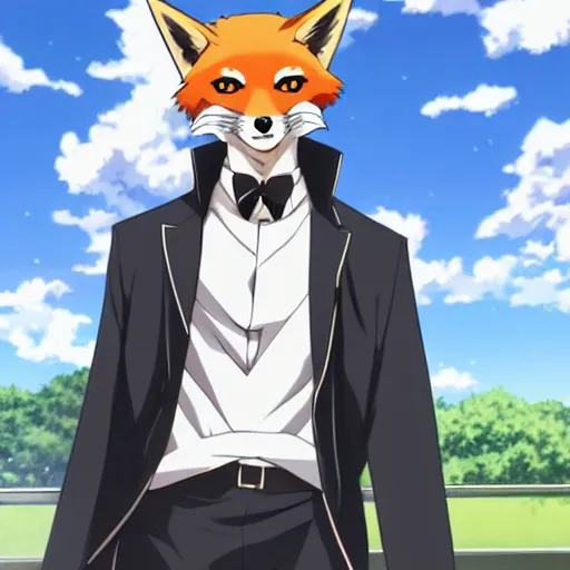 Image similar to modern anime still an anthro male fox furry fursona in a formal outfit, handsome anime eyes, key anime visuals