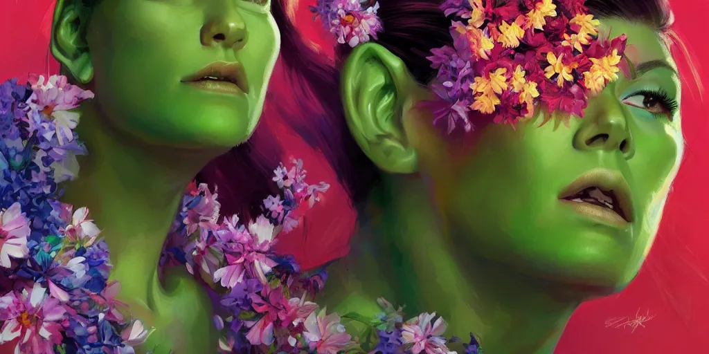 Image similar to A ultradetailed beautiful portrait panting of a She-Hulk with a colorful explosion of flowers coming out of her neck, Oil painting, by Ilya Kuvshinov, Greg Rutkowski and Makoto Shinka