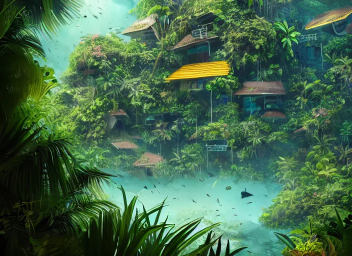 Prompt: overgrown tropical foliage overtaking japanese favela, underwater environment, borealis, scenery, professional, award - winning, trending on artstation, hyper detailed, realistic, beautiful, emotional, shiny, golden, picture