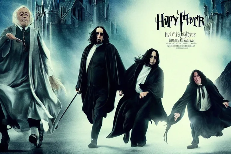Prompt: Movie poster with Danny DeVito as Albus Dumbledore and Keanu Reeves as Severus Snape and Snoop Dog as Harry Potter