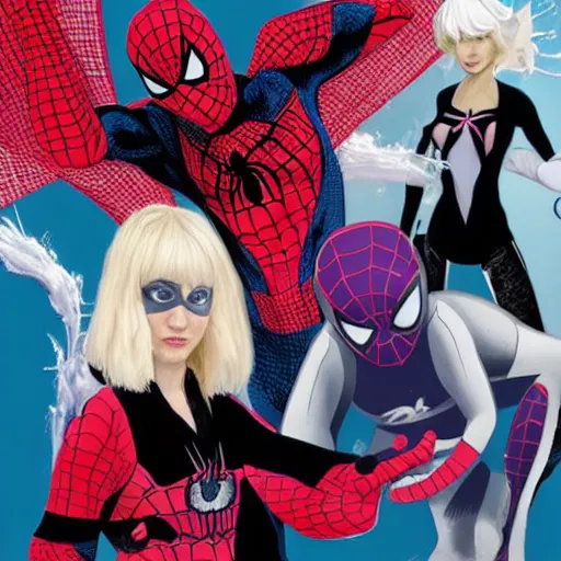 Prompt: Boris Johnson as Spiderman, standing next to spider-gwen, marvel universe, realistic, cinematic, detailed