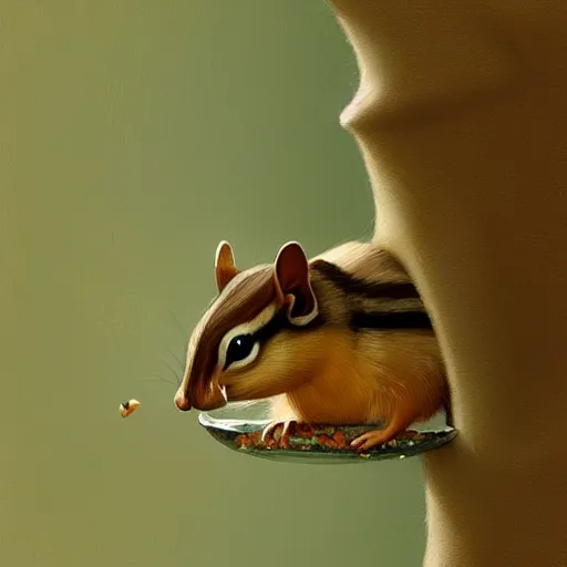 Image similar to a chipmunk drinks out of a cup shaped like an acorn, highly detailed, artstation, art by greg rutkowski,