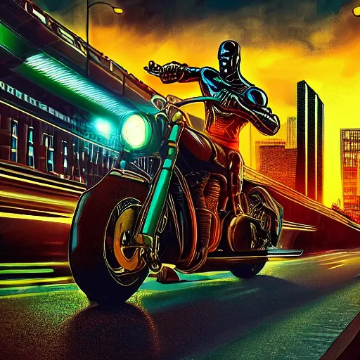 Image similar to cyborg rides a motorcycle down gotham city art deco highway, goliath statue support beams, ayn rand raised highway, filiment buld traffic lights, golden light, dark oil painting, global illumination