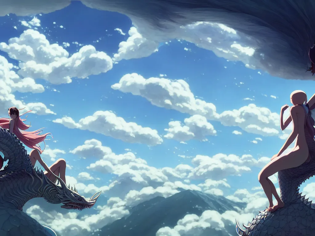 Image similar to a vast scene, panorama distant view, hyper detailed scene render of a beautiful girl sit on a huge silver dragon back, in the white clouds fairyland, animation portrait concept art, style of makoto shinkai, xision, james jean and peter mohrbacher, studio ghibli, artgerm, karol bak, beeple, 4 k hd, animation style