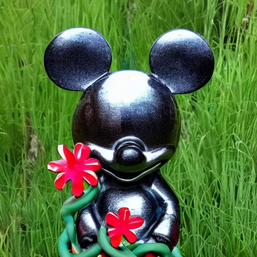 Prompt: micky mouse head statue, overgrown, twisted vines, a flower meadow, iridescent, bleeple