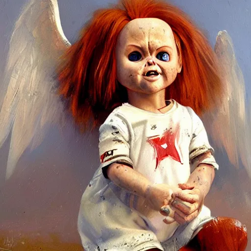 Prompt: the doll chucky as an angel described in the bible, oil painting, by greg rutkowski
