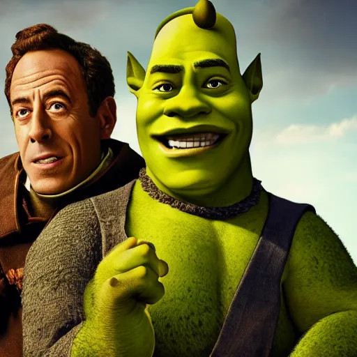 Prompt: jerry seinfeld and bryan cranston in the civil war dressed up like shrek on the battlefield, old timey combat photography combat art by stuart brown 8 k hyperrealism