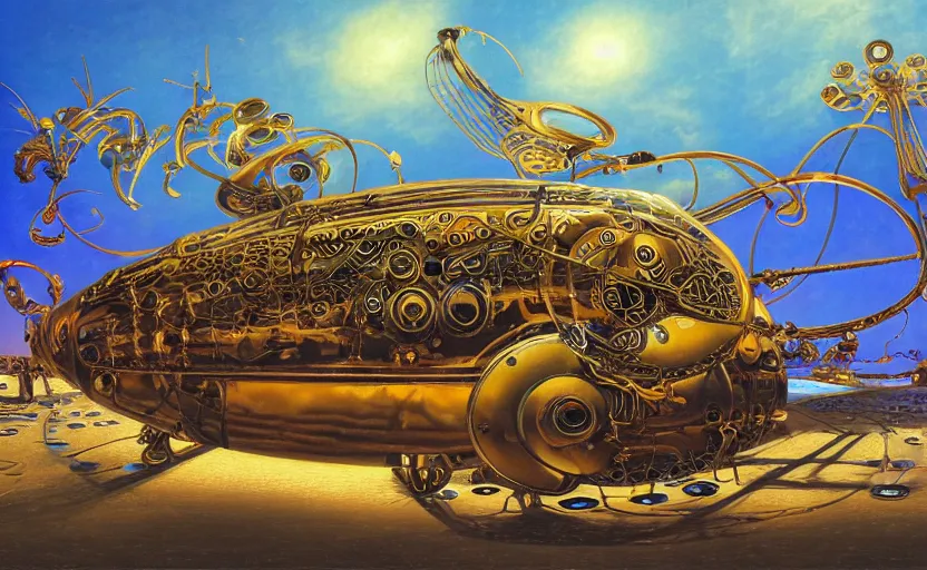 Image similar to “a singular psychedelic steampunk music machine made of intricate guitars pianos saxophones drums and synths, by Vladimir kush , by Roger dean, By syd mead, by josip csoor, 8k resolution, realistic shadows, 3D, rendered in octane, volumetric lighting, hyper detailed, photorealistic, psychedelic”