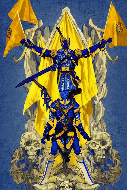 Prompt: a distant shot from below of a Ukrainian super soldier with blue and yellow flag behind him and a trident coat of arms on the chest standing alone on a huge pile of skulls posing as a winner, masculine muscular figure, D&D, fantasy, intricate, elegant, highly detailed, extremely detailed, digital painting, artstation, concept art, matte, smooth, hyper realistic, sharp focus, illustration, art by Artgerm and Greg Rutkowski and Alphonse Mucha