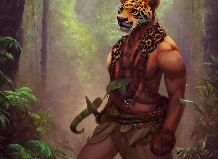 Image similar to character portrait feature of the anthro male anthropomorphic jaguar fursona animal person wearing shaman tribal outfit robes belt standing in the amazon rainforest, well framed character design stylized by charlie bowater, ross tran, artgerm, makoto shinkai, detailed, soft lighting, rendered in octane