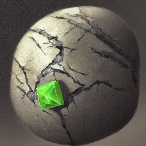 Prompt: a small ball made of rock and jagged green crystals, digital painting, artstation, concept art, soft light, hdri, smooth, sharp focus, illustration, fantasy, intricate, elegant, highly detailed, D&D, matte painting, in the style of Greg Rutkowski and Alphonse Mucha and artemisia, 8k, highly detailed, jurgens, rutkowski, bouguereau, pastoral, rustic, georgic