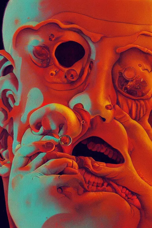 Prompt: a closeup portrait of a crazy man licking a tab of LSD acid on his tongue and dreaming psychedelic hallucinations, by kawase hasui, moebius, Edward Hopper and James Gilleard, Zdzislaw Beksinski, Steven Outram colorful flat surreal design, hd, 8k, artstation