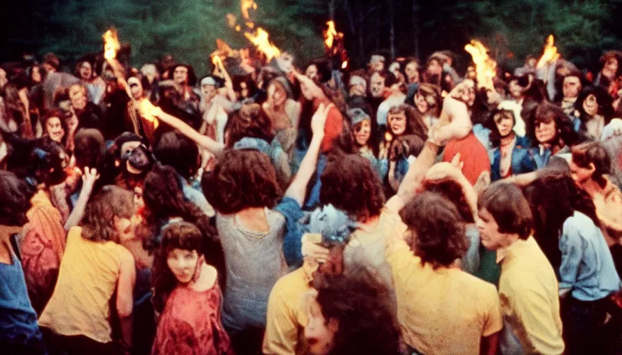 Image similar to 7 0 s film still from a horror movie about a dance party at a bonfire with human sacrifice, kodachrome, cinecolor, cinestill, film grain, film texture, retro, cinematic, high resolution, photorealism,