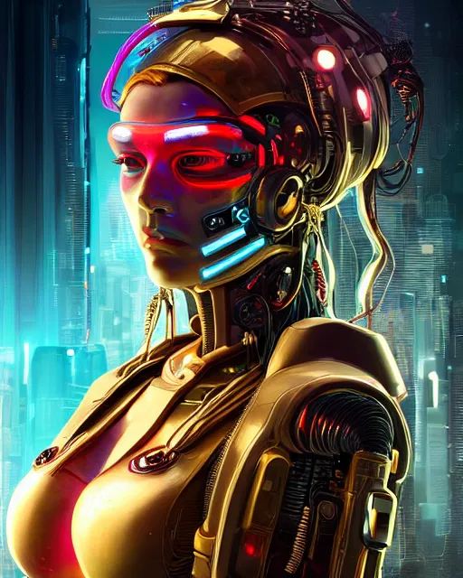 Prompt: portrait of a beautiful cyberpunk cyborg female wearing a ballistic face mask with brilliant gold flowing hair and bright red eyes, intricate abstract. intricate artwork. by Tooth Wu, wlop, beeple, dan mumford. octane render, trending on artstation, greg rutkowski very coherent symmetrical artwork. cinematic, hyper realism, high detail, octane render, 8k, iridescent accents