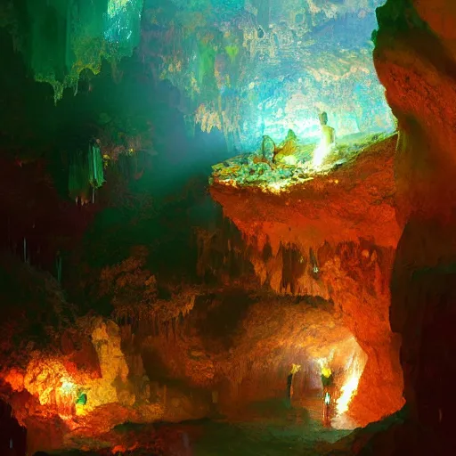 Prompt: a beautiful cave illuminated by shiny crystals of various colours, dark, by craig mullins