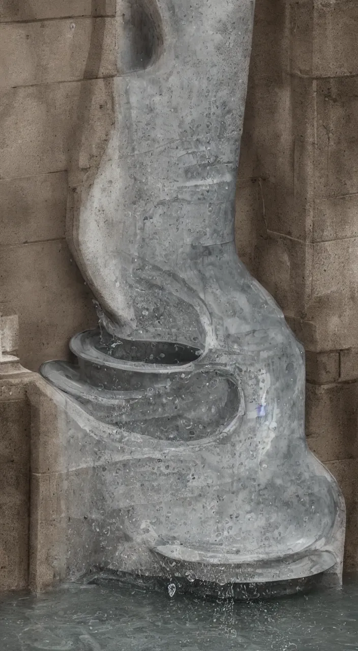 Prompt: a stream of water entering into a machine made from biomorphic amphoras and producing a liquid coin, in the style of a Carlo Scarpa fountain, architectural photograph , isometric views, infrastructure, kidneys, white marble texture , unreal, 8k