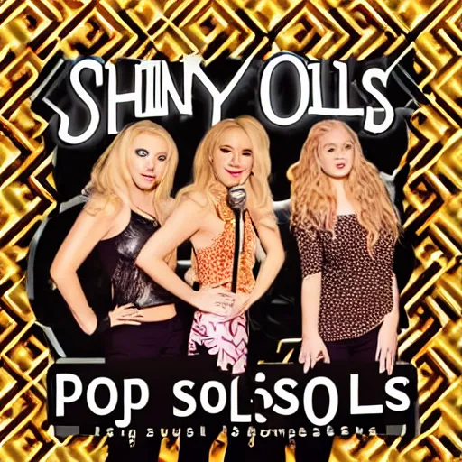 Image similar to album cover of a pop rock music group named'shiny souls'with two woman singers with blonde hair and one woman singer with brown curly hair singing in front of the crowd, very energetic, aerial view, digital art