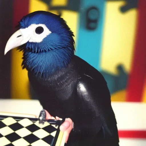 Image similar to close - up, photo of a humanoid magpie kenku wearing a chess hoodie, holding a vinyl record, 9 0 - s, polaroid photo, by warhol,