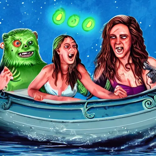 Prompt: three young women having fun on a boat, while a zombie beaver with glowing eyes is swimming beneath them. movie poster. photo. very detailed.