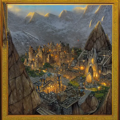 Image similar to a dwarven city in the mountains, by john howe