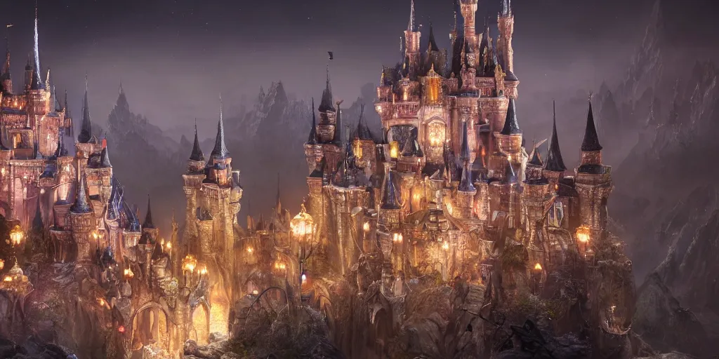 Image similar to a glittering fantasy castle at night with grand delicate walkways, extremely detailed oil painting, unreal 5 render, fantasy digital art, octane render, beautiful composition, trending on artstation, award-winning photograph, masterpiece