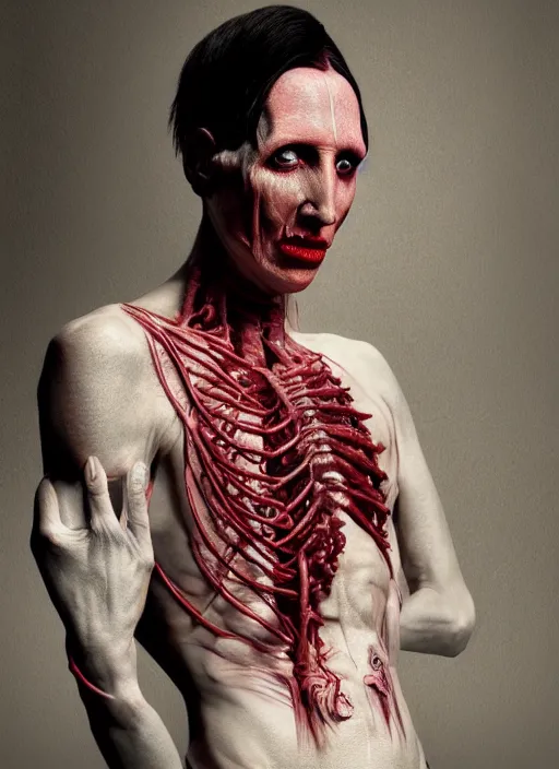 Image similar to portrait of marilyn manson with translucent skin, visible muscles and veins and arteries and bones and spines and nerves, beautiful detailed intricate insanely detailed octane render, 8 k artistic photography, photorealistic, chiaroscuro, by david cronenberg, raphael, caravaggio