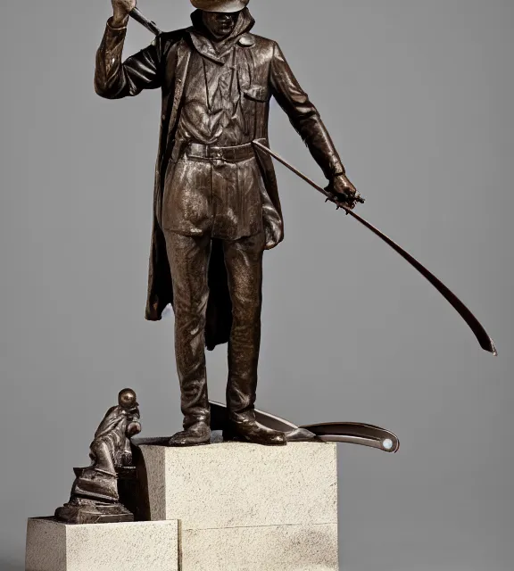 Image similar to a 4 k photorealistic photo medium shot of a bronze statue of a man wearing a fedora holding a sword, standing heroically.