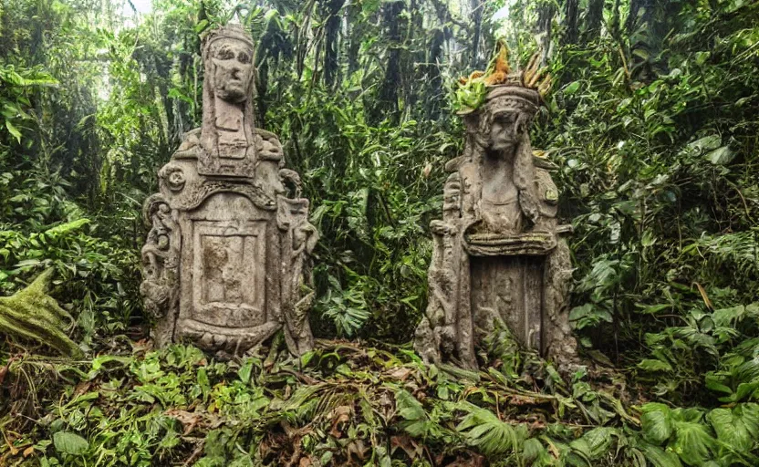 Prompt: ancient jungle altar with giant statue of SpongeBob, abandoned, overgrown, atmospheric, cgisociety