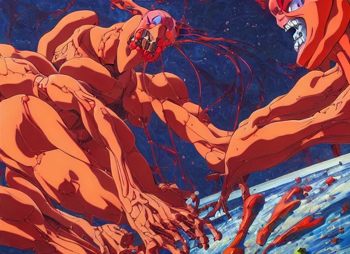 Image similar to third impact evangelion painting by james jean and katsuhiro otomo and erik jones, inspired by akira anime, smooth texture, intricate oil painting, high detail illustration, sharp high detail, long exposure