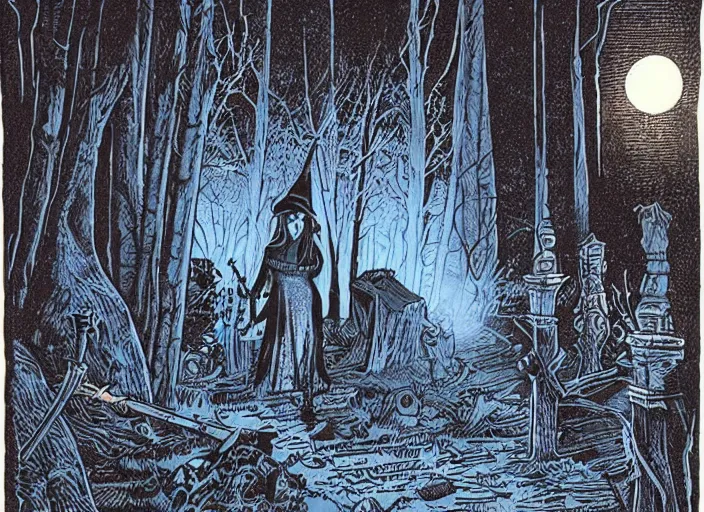 Image similar to blue woodcut print, cartoon halloween witch in graveyard at midnight by greg rutkowski, fine details, highly detailed