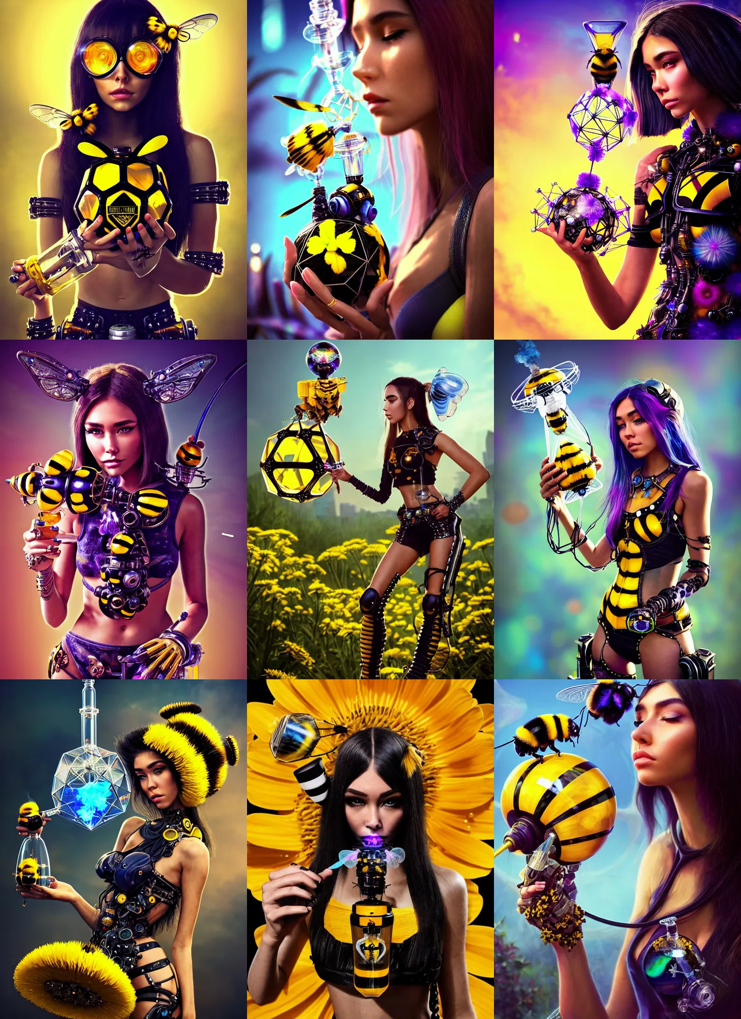 Prompt: polished lush obsidian bumblebee cowgirl raver madison beer ornate floral cyborg smoking a geodesic bong : : weta disney pixar movie still photo : : hi - fructose, sci fi, decadent highly - detailed digital painting, golden ratio, octane render, artstation, smooth, sharp focus, beeple, artgerm mucha, : :