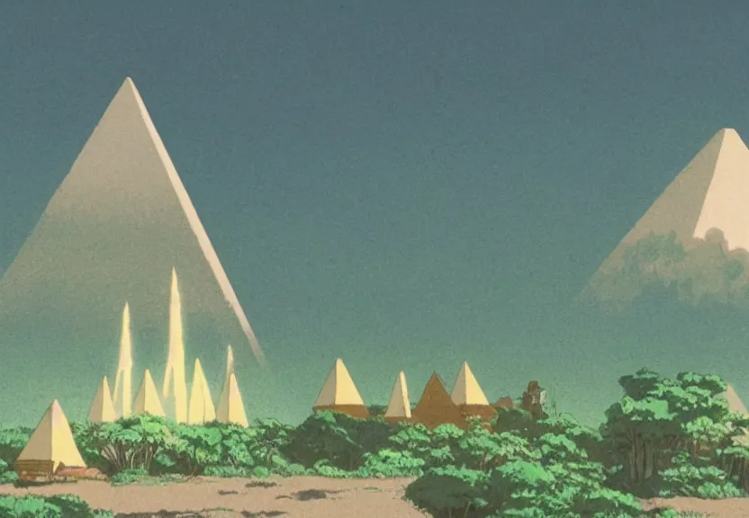 Prompt: a movie still from a studio ghibli film showing several large white pyramids and a golden ufo in the amazon jungle. very muted colors