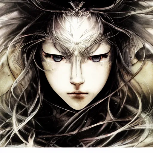 Image similar to yoshitaka amano blurred and dreamy realistic illustration of an anime girl with wavy white hair fluttering in the wind and cracks on her face wearing elden ring armour with the cape, abstract black and white patterns on the background, noisy film grain effect, highly detailed, renaissance oil painting, weird portrait angle