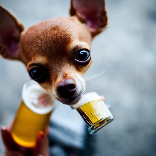 Image similar to a chihuahua drinking beer, professional photography