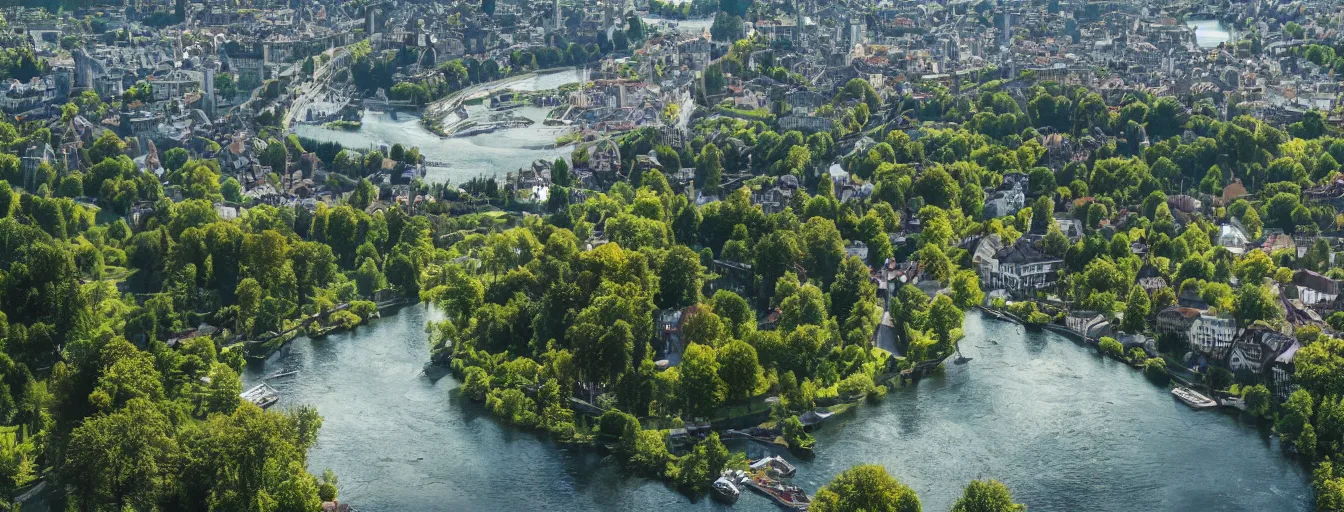Image similar to Photo of Zurich, looking down the river at the lake and the alps, Hardturm, Grossmünster, wide angle, trees, volumetric light, hyperdetailed, green water, artstation, cgsociety, 8k