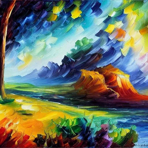 Image similar to painting of a lush natural scene on an alien planet by leonid afremov. beautiful landscape. weird vegetation. cliffs and water.