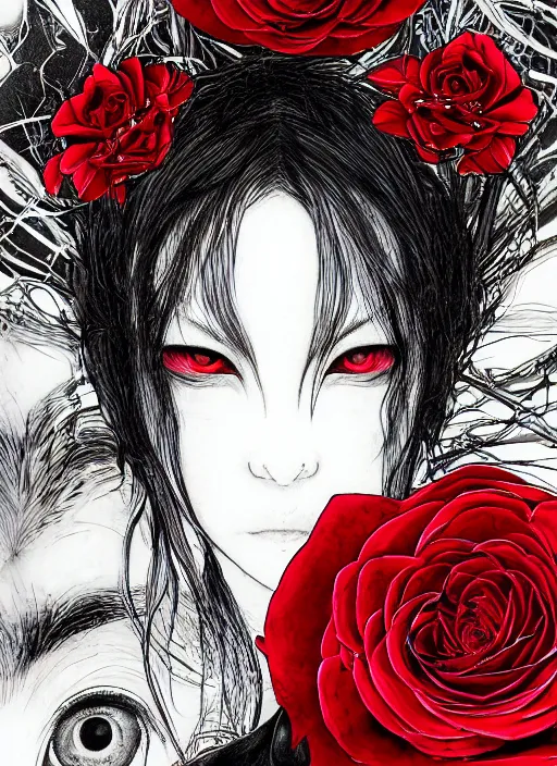 Prompt: portrait, A crow feather with red eyes in front of the full big moon, book cover, red roses, red white black colors, establishing shot, extremly high detail, foto realistic, cinematic lighting, pen and ink, intricate line drawings, by Yoshitaka Amano, Ruan Jia, Kentaro Miura, Artgerm, post processed, concept art, artstation, matte painting, style by eddie mendoza, raphael lacoste, alex ross