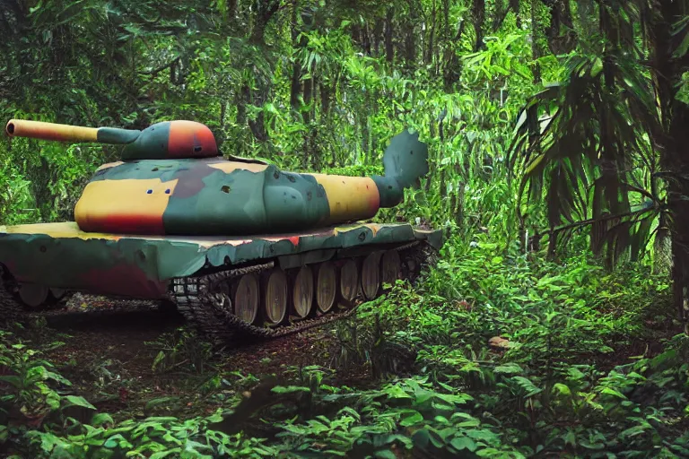 Image similar to colorful pokemon that looks like a military tank, lush jungle scene, post apocalyptic, shot on film