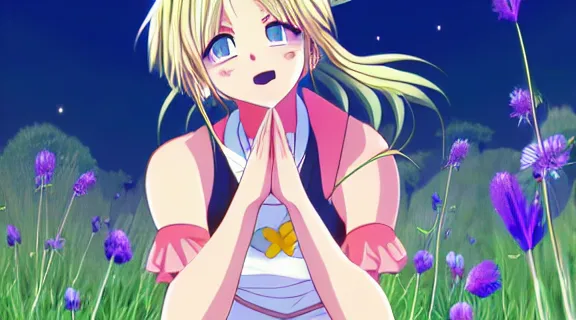 Image similar to Lucy Heartfilia sitting in a field of Clover | Big Moon at Night | GLOWING FLOWERS | strong blue rimlit | visual-key | anime illustration | highly detailed | in the style of Anmi